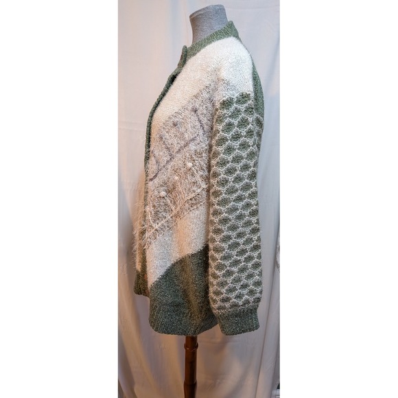 Boho Cottagecore Chunky Fuzzy Green White Sparkle Knitted Cardigan Jacket Snaps‎ - Picture 4 of 13